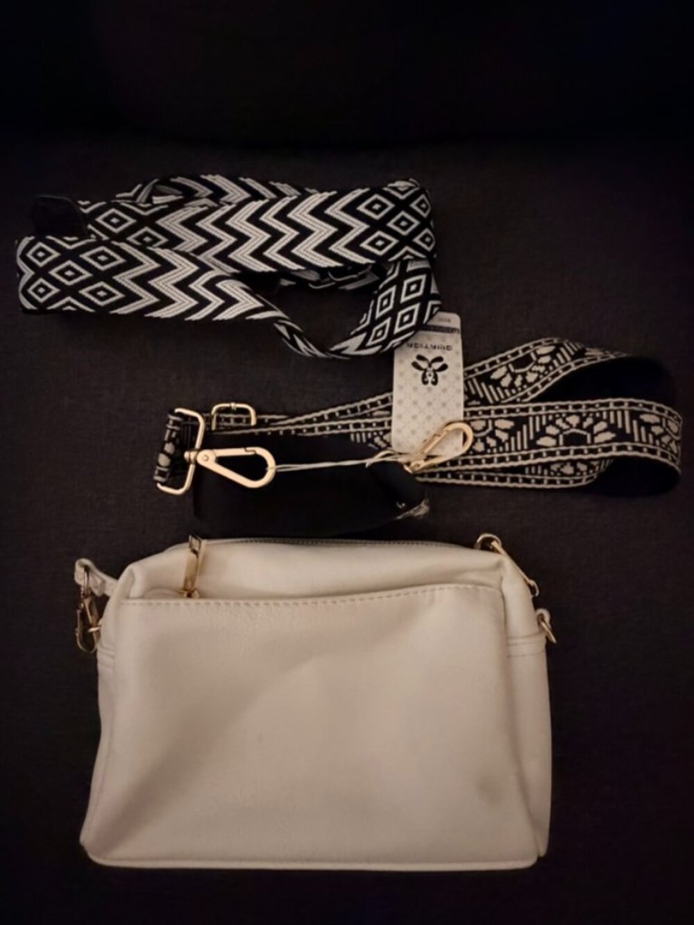 White vegan leather crossbody purse with two extra straps